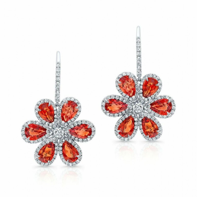 Blood Orange Sapphire and Diamond Wild Flower Earrings in 18K White Gold