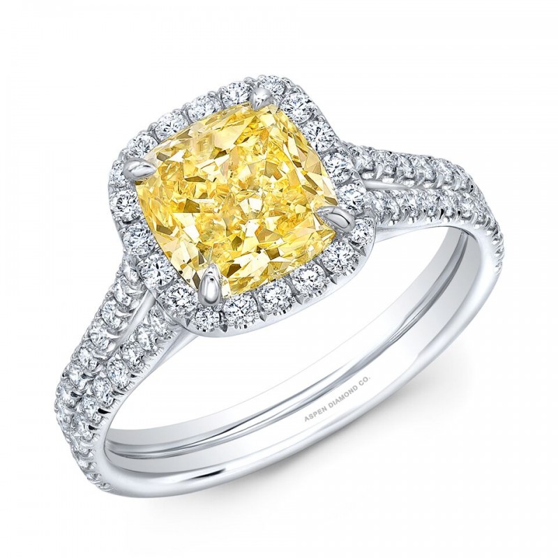 Cushion Cut Fancy Yellow Diamond Halo Engagement Ring in Platinum