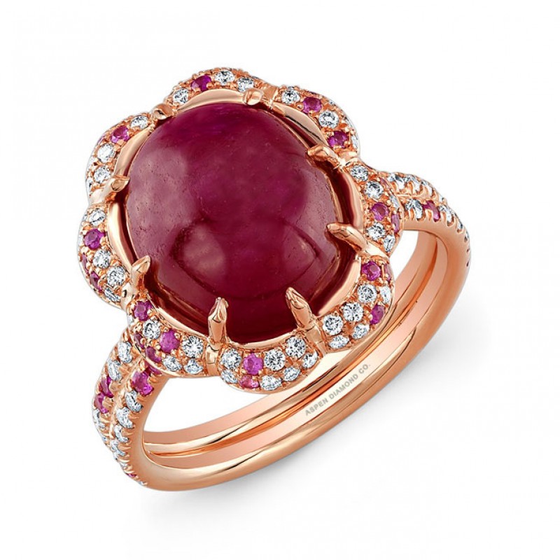 Cabochon Ruby, Pink Sapphire and Diamond Ring in 18K Rose Gold - Fashion