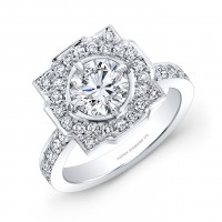 Round Brilliant Diamond with Clustered Pave Setting Engagement Ring in Platinum