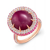 Cabochon Ruby with Pink Sapphire and Diamond Ring in 18K Rose Gold