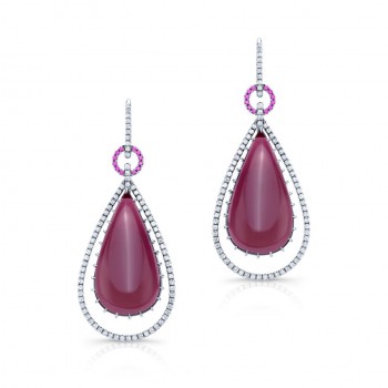 Rubellite Tourmaline Diamond and Ruby Earrings in 18K White Gold
