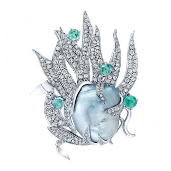 Blue Pearl Brooch with Diamond Leaves and Paraiba Tourmaline in 18K White Gold